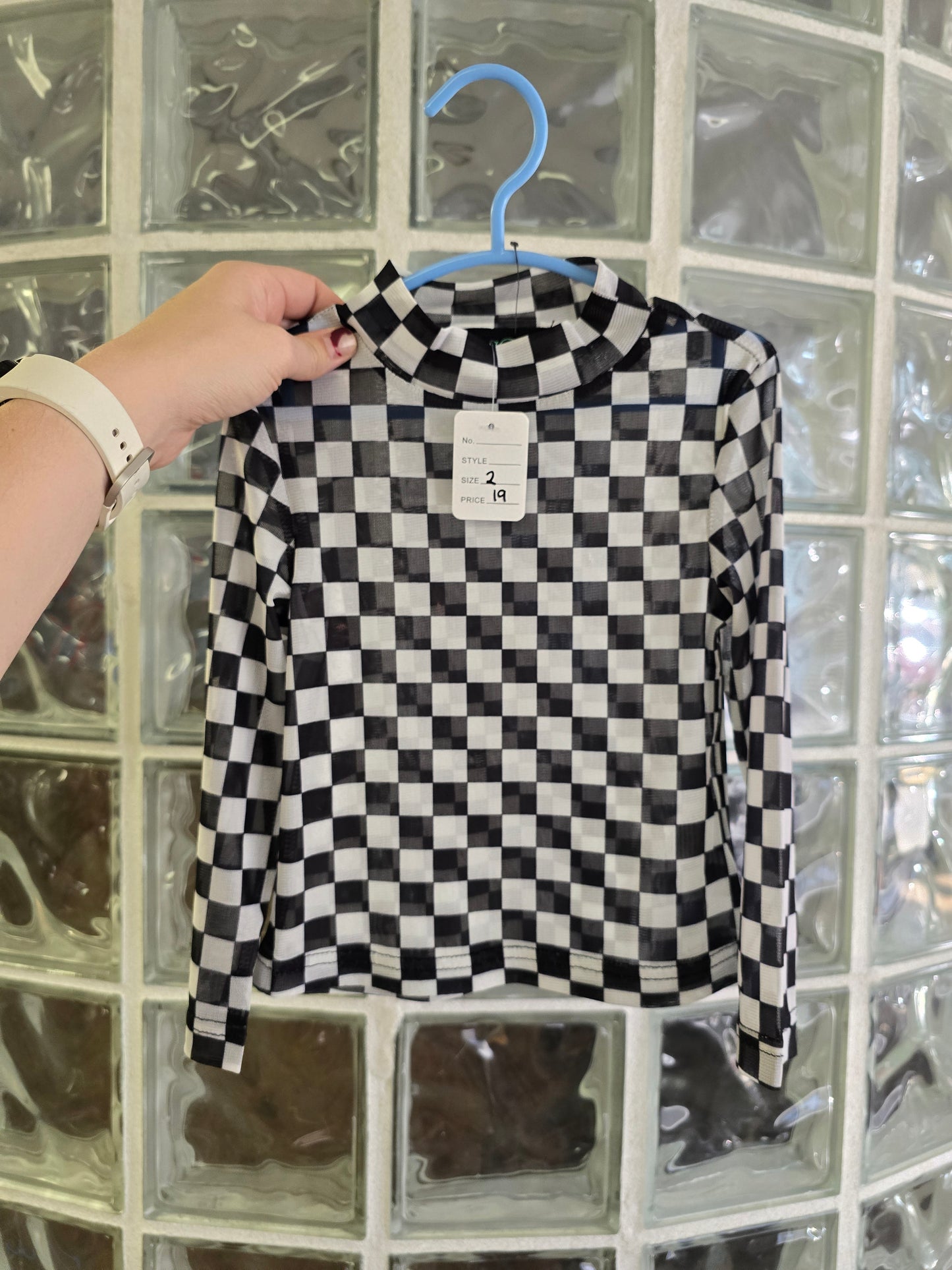 Girls black and white checkered mesh top