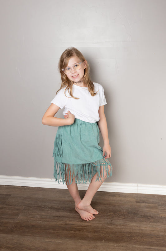 Teal suede fringe skirt