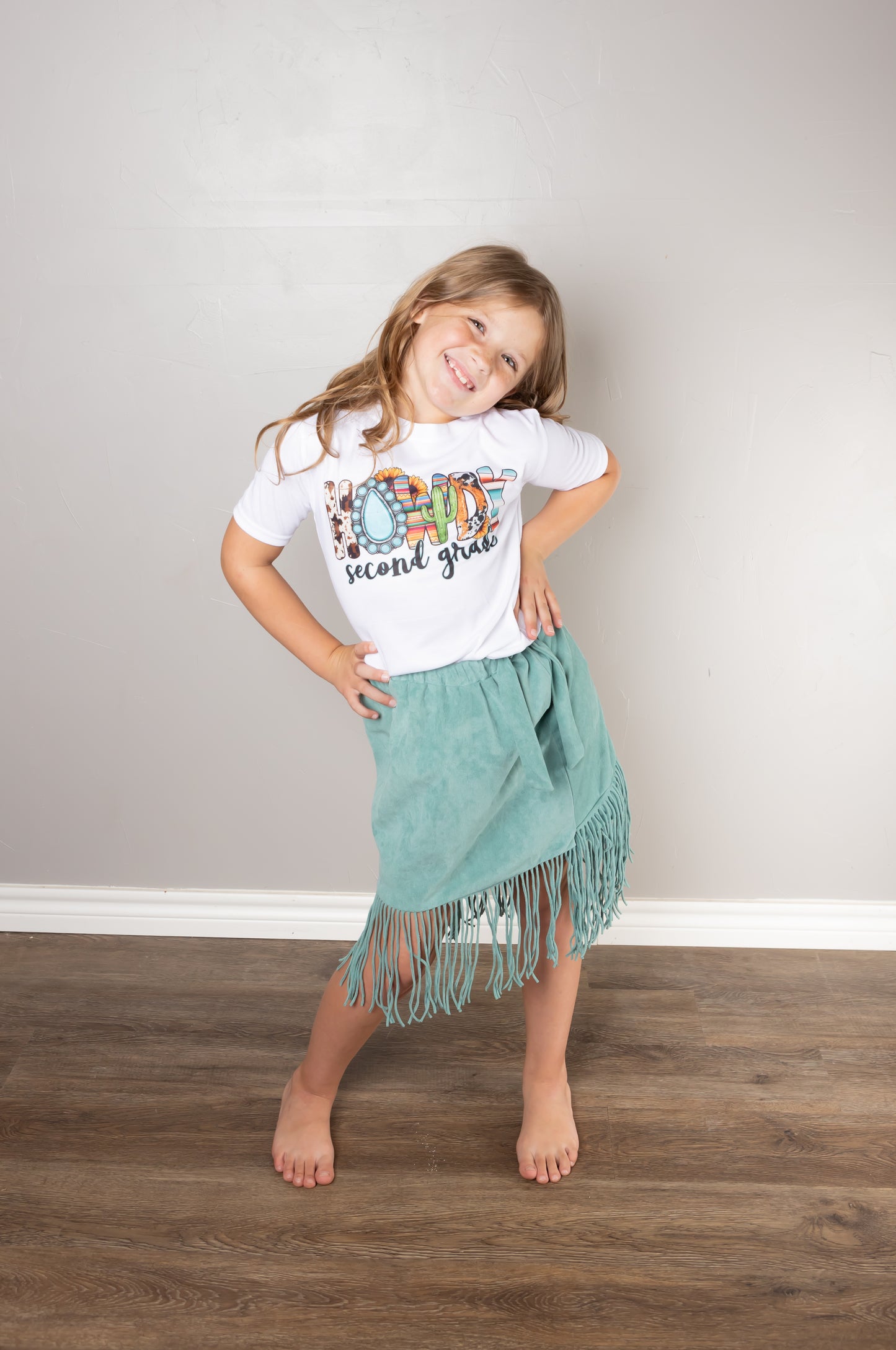 Teal suede fringe skirt